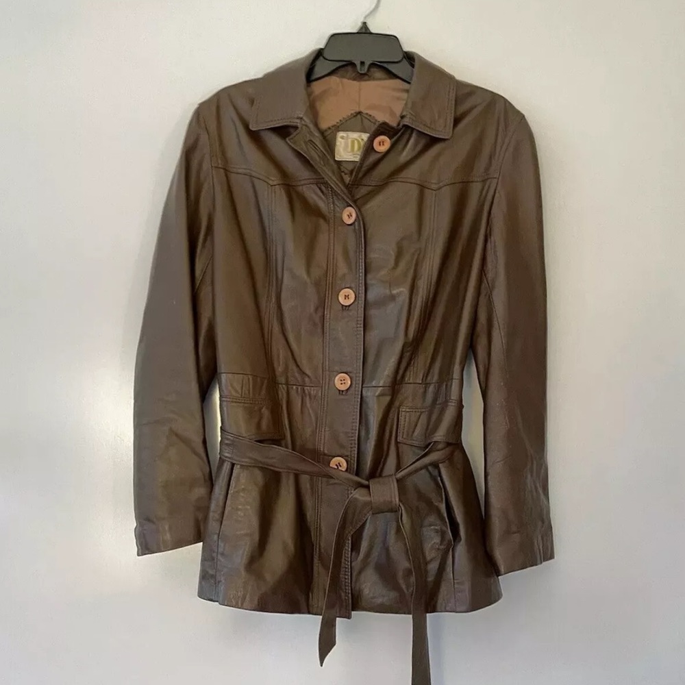 Vintage D’OR Leather Jacket Button Front Belted Trench Style Size 44 (US…